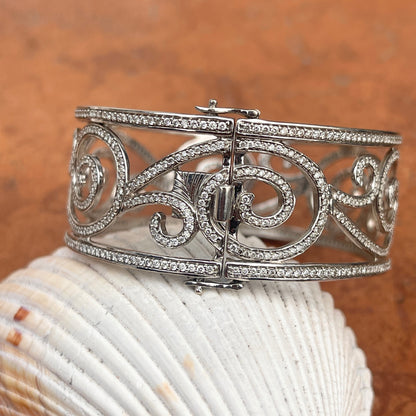 Estate 14KT White Gold 5.00+ Carat Pave Diamond Filigree Swirl Cuff Bracelet