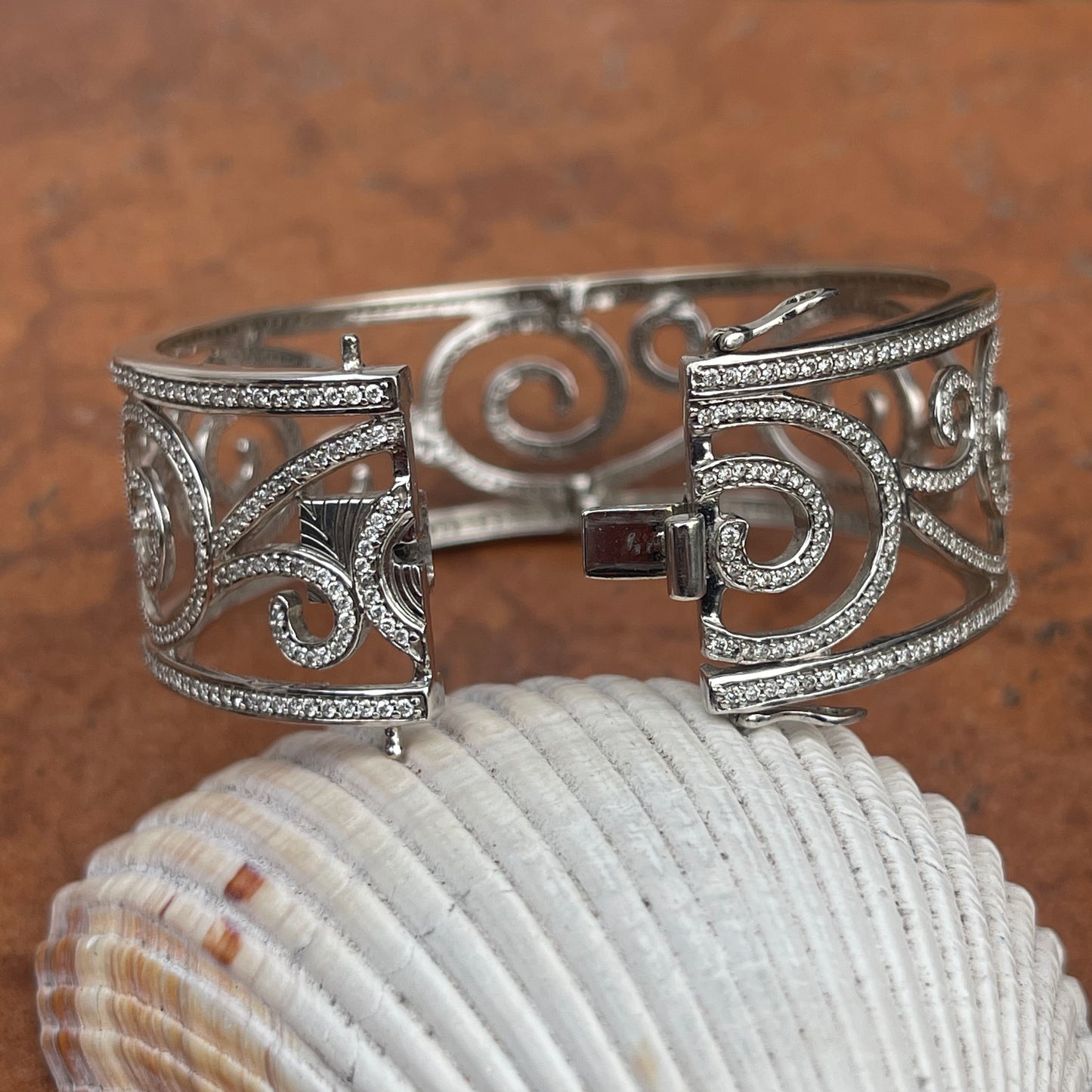 Estate 14KT White Gold 5.00+ Carat Pave Diamond Filigree Swirl Cuff Bracelet