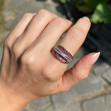 Load image into Gallery viewer, Estate 14KT Yellow Gold Pave Pink Sapphire + Diamond Concave Ring