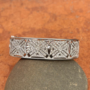 Estate 14KT White Gold Filigree 2.25 CT Pave Diamond Art Deco Bangle Cuff Bracelet - LSJ