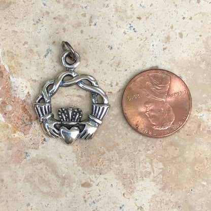 Sterling Silver Antiqued Celtic Claddagh Heart Round Pendant Charm, Sterling Silver Antiqued Celtic Claddagh Heart Round Pendant Charm - Legacy Saint Jewelry