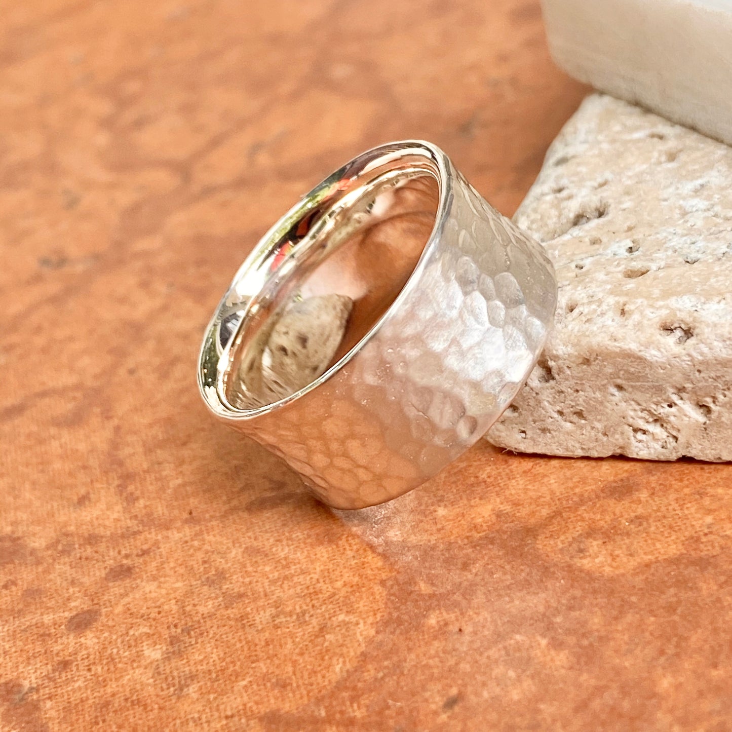 Sterling Silver Polished Hammered Concave Cigar Band Ring