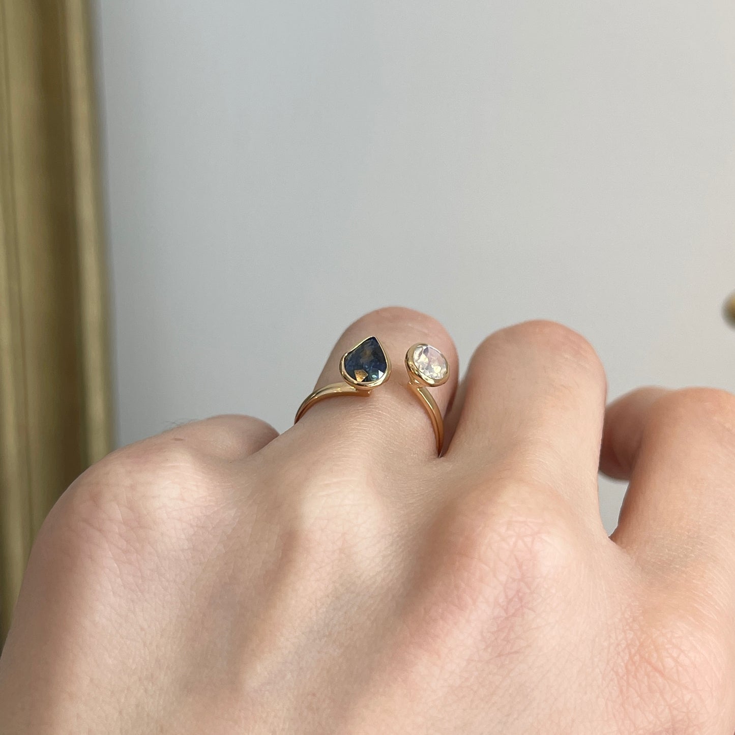 18KT Yellow Gold Pear Blue Sapphire + Oval Moonstone Open Ring