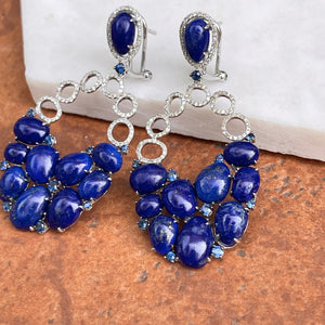 Estate 14KT White Gold Oval Blue Lapis, Blue Sapphire + Pave Diamond Earrings
