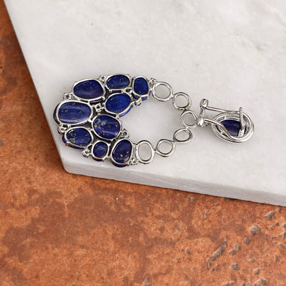 Estate 14KT White Gold Oval Blue Lapis, Blue Sapphire + Pave Diamond Earrings