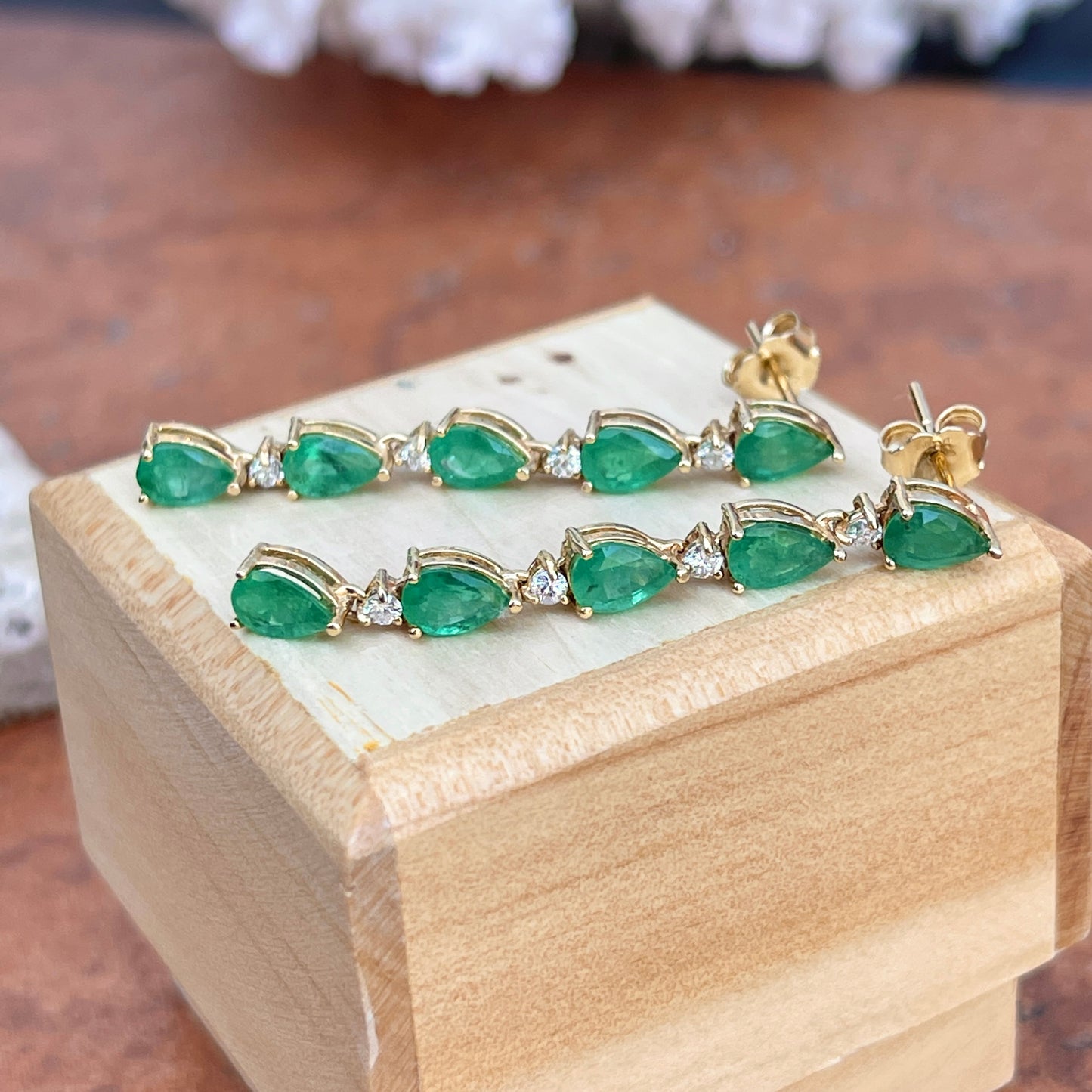 Estate 14KT Yellow Gold Pear Emerald + Diamond Cascading Earrings