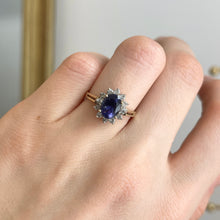 Load image into Gallery viewer, Estate 10KT Yellow Gold Oval Lab Blue Sapphire + Halo Diamond Ring