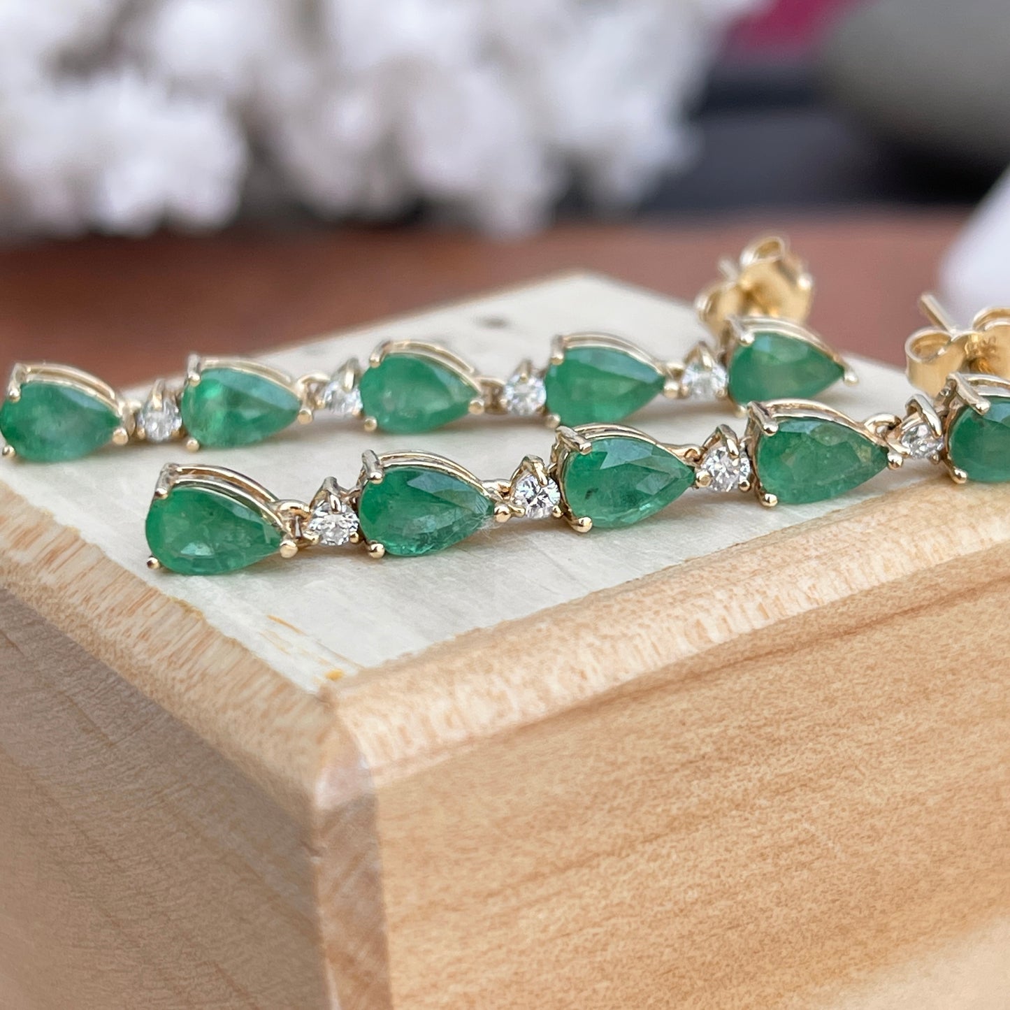 Estate 14KT Yellow Gold Pear Emerald + Diamond Cascading Earrings