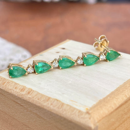 Estate 14KT Yellow Gold Pear Emerald + Diamond Cascading Earrings