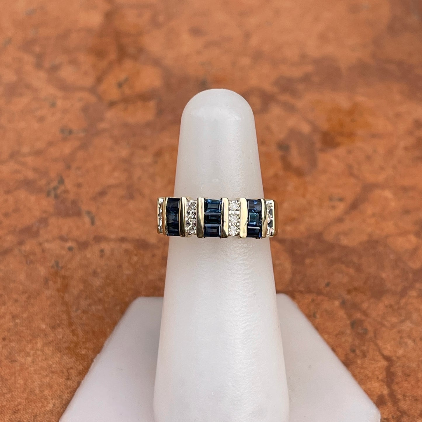 Estate 14KT Yellow Gold Channel-Set Baguette Blue Sapphire + Round Diamond Ring