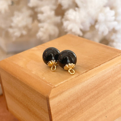 Estate 14KT Yellow Gold Round Black Onyx Ball Earring Charms 8mm