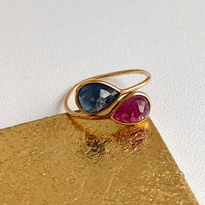 18KT Yellow Gold Pear Blue Sapphire + Ruby Bypass Ring