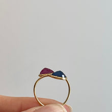 Load image into Gallery viewer, 18KT Yellow Gold Pear Blue Sapphire + Ruby Bypass Ring