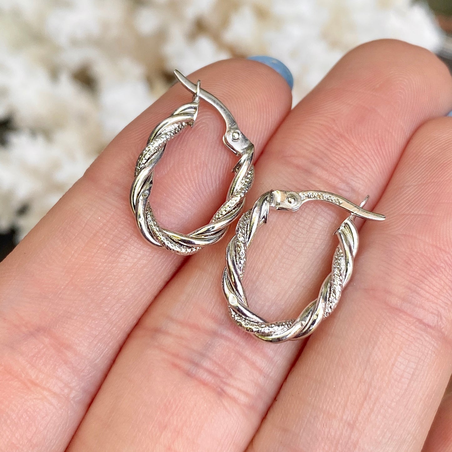 10KT White Gold Diamond-Cut + Polished Twisted Oval Hoop Earrings