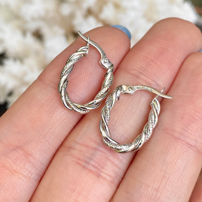 10KT White Gold Diamond-Cut + Polished Twisted Oval Hoop Earrings