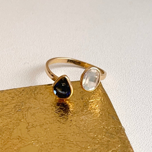 18KT Yellow Gold Pear Blue Sapphire + Oval Moonstone Open Ring