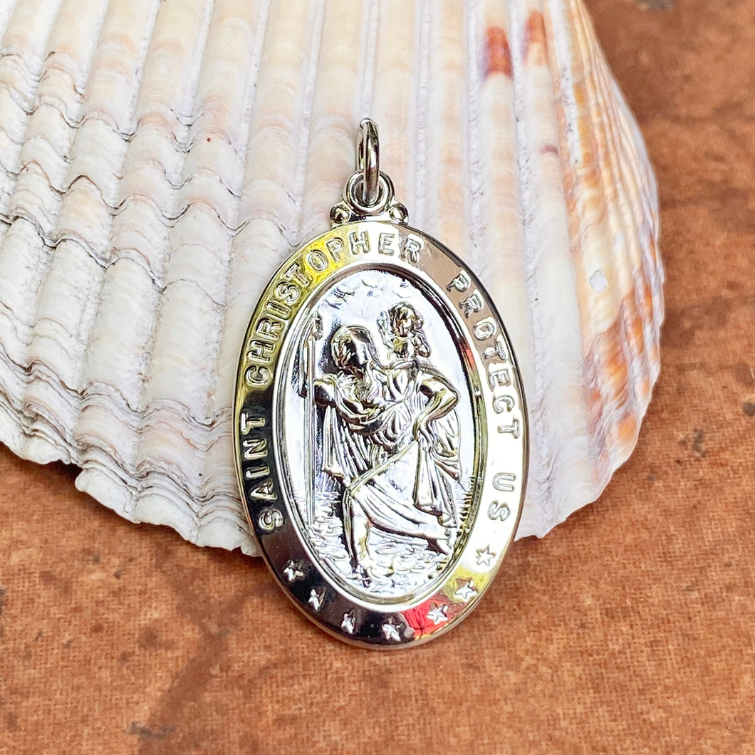 Sterling Silver Polished Saint Christopher Oval Medal Pendant 40mm