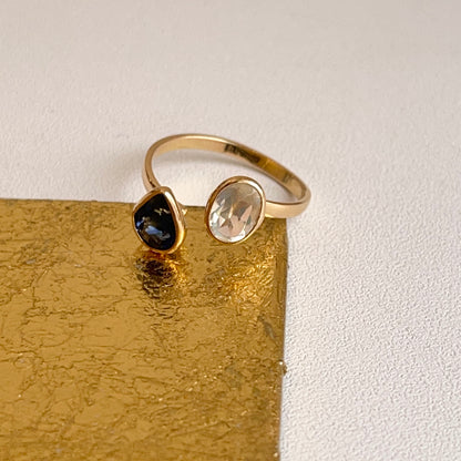 18KT Yellow Gold Pear Blue Sapphire + Oval Moonstone Open Ring