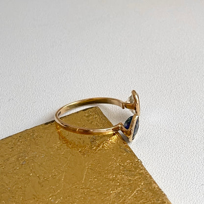 18KT Yellow Gold Pear Blue Sapphire + Oval Moonstone Open Ring