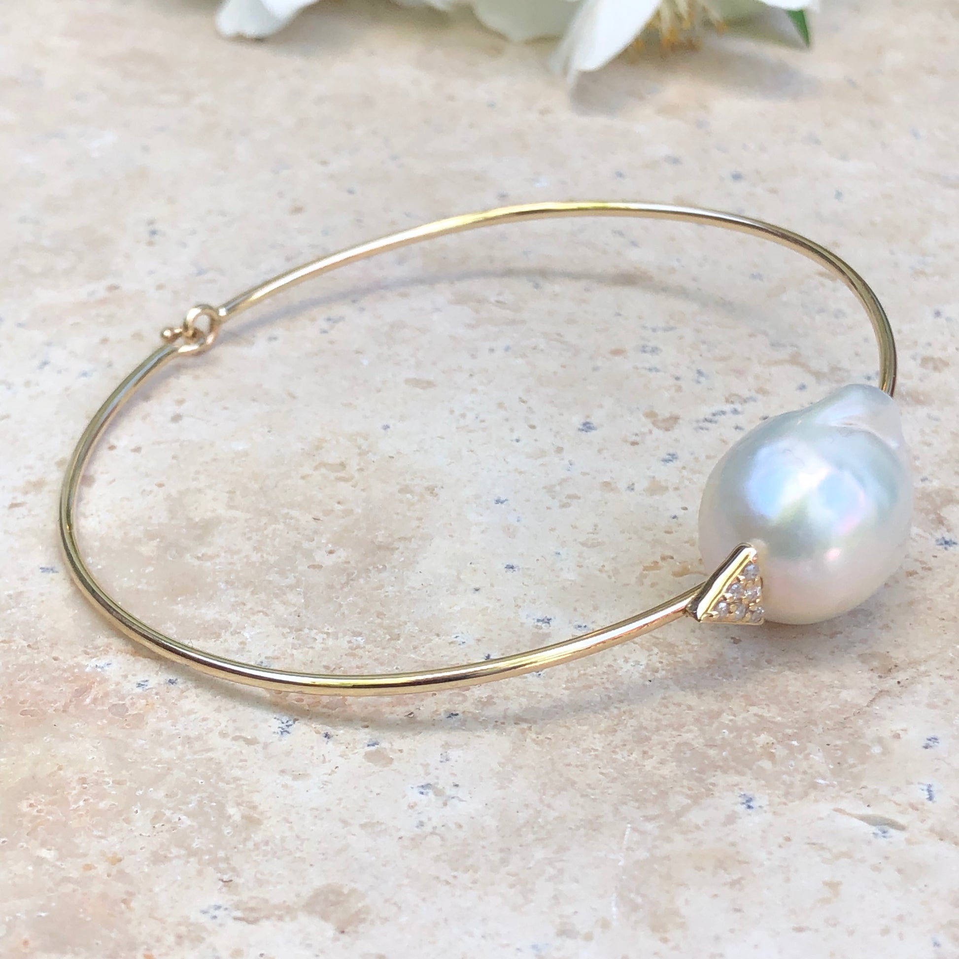 14KT Yellow Gold Pave Diamond + Baroque Pearl Wire Bangle Bracelet, 14KT Yellow Gold Pave Diamond + Baroque Pearl Wire Bangle Bracelet - Legacy Saint Jewelry
