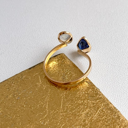 18KT Yellow Gold Pear Blue Sapphire + Oval Moonstone Open Ring