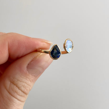 18KT Yellow Gold Pear Blue Sapphire + Oval Moonstone Open Ring