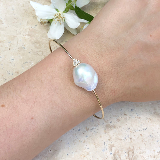 14KT Yellow Gold Pave Diamond + Baroque Pearl Wire Bangle Bracelet, 14KT Yellow Gold Pave Diamond + Baroque Pearl Wire Bangle Bracelet - Legacy Saint Jewelry