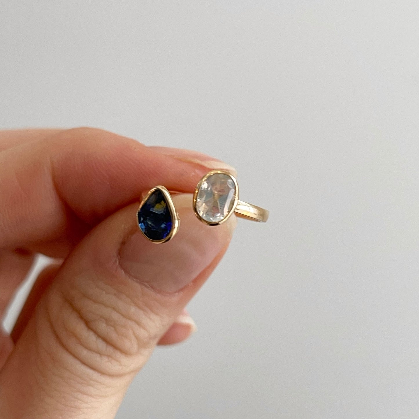 18KT Yellow Gold Pear Blue Sapphire + Oval Moonstone Open Ring