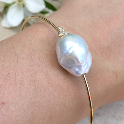 14KT Yellow Gold Pave Diamond + Baroque Pearl Wire Bangle Bracelet, 14KT Yellow Gold Pave Diamond + Baroque Pearl Wire Bangle Bracelet - Legacy Saint Jewelry