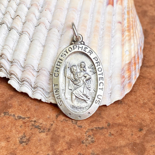 Sterling Silver Antiqued Saint Christopher Oval Medal Pendant 32mm