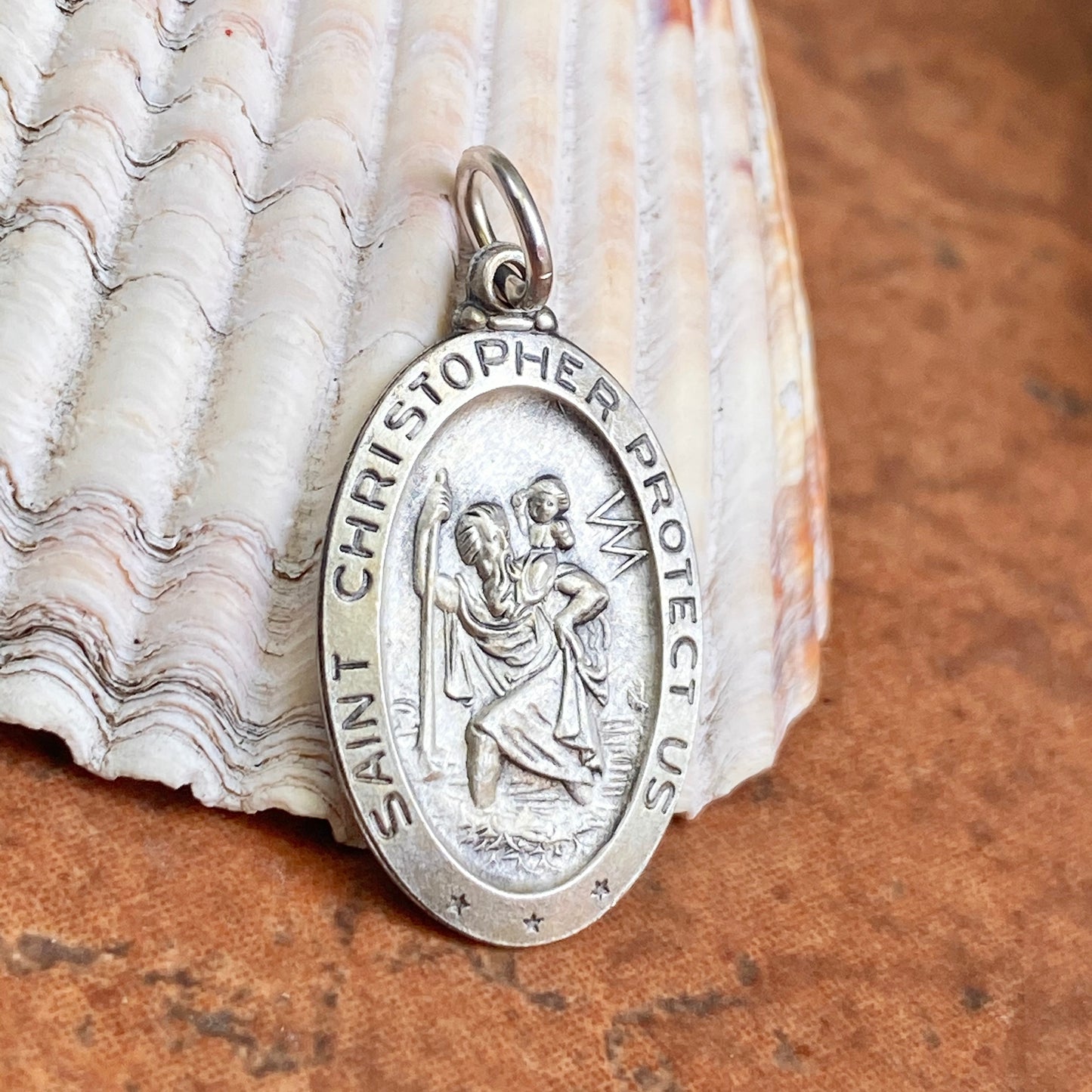Sterling Silver Antiqued Saint Christopher Oval Medal Pendant 32mm