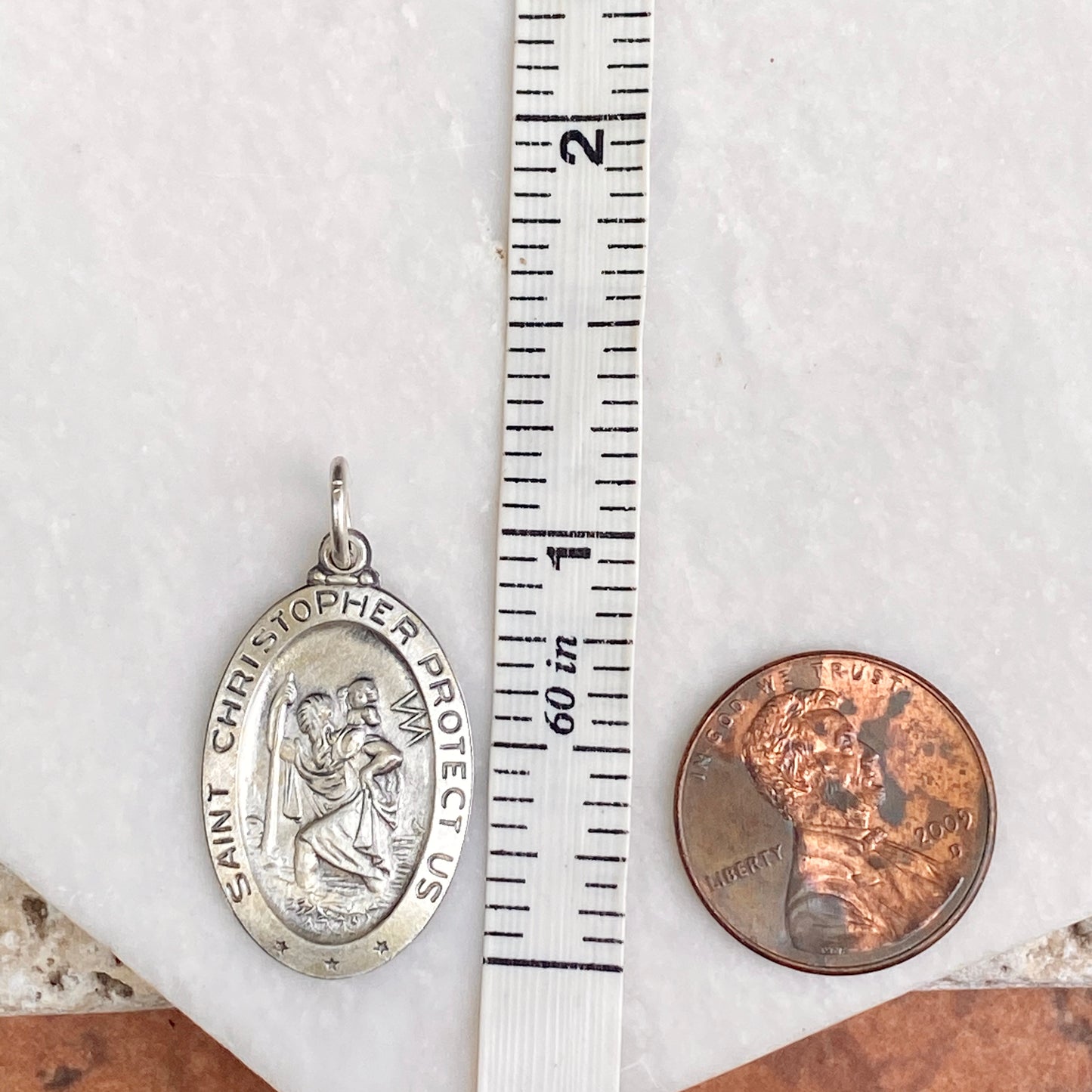 Sterling Silver Antiqued Saint Christopher Oval Medal Pendant 32mm