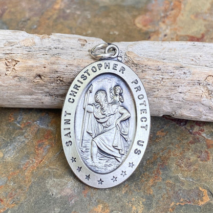 Sterling Silver Antiqued Saint Christopher Oval Medal Pendant 40mm