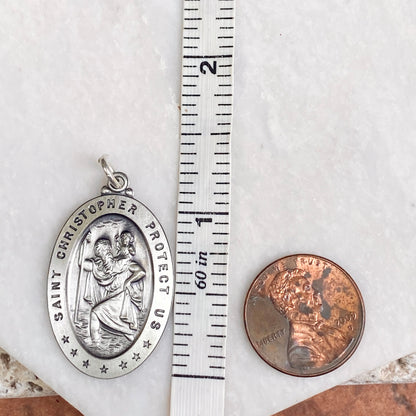 Sterling Silver Antiqued Saint Christopher Oval Medal Pendant 40mm