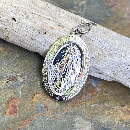 Sterling Silver Polished Oval Miraculous Medal Pendant 30mm