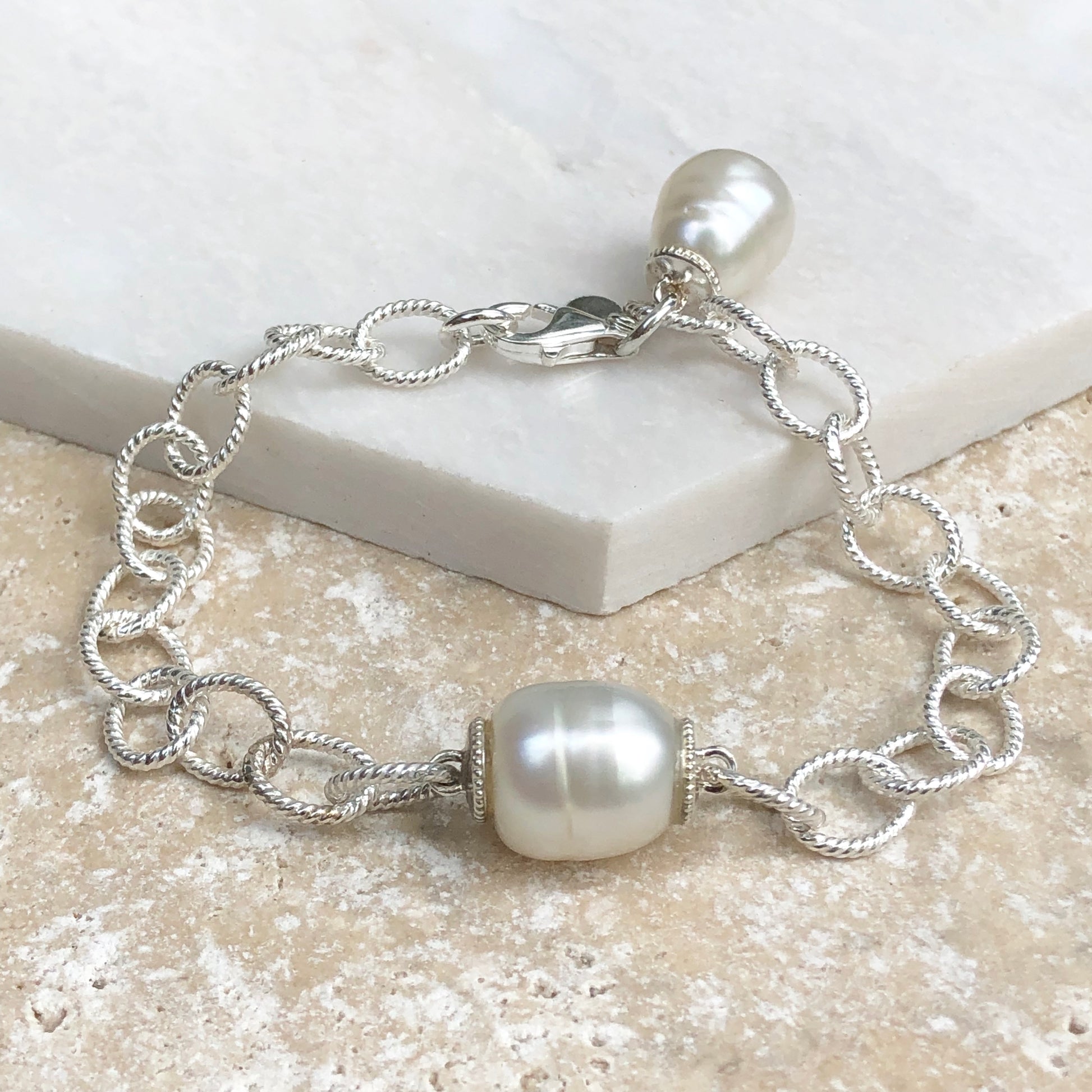 Sterling Silver Patterned Chain Link Paspaley Pearl Bracelet, Sterling Silver Patterned Chain Link Paspaley Pearl Bracelet - Legacy Saint Jewelry