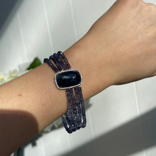 14KT White Gold Blue Sapphire Diamond Halo Multi Strand Bead Bracelet - LSJ