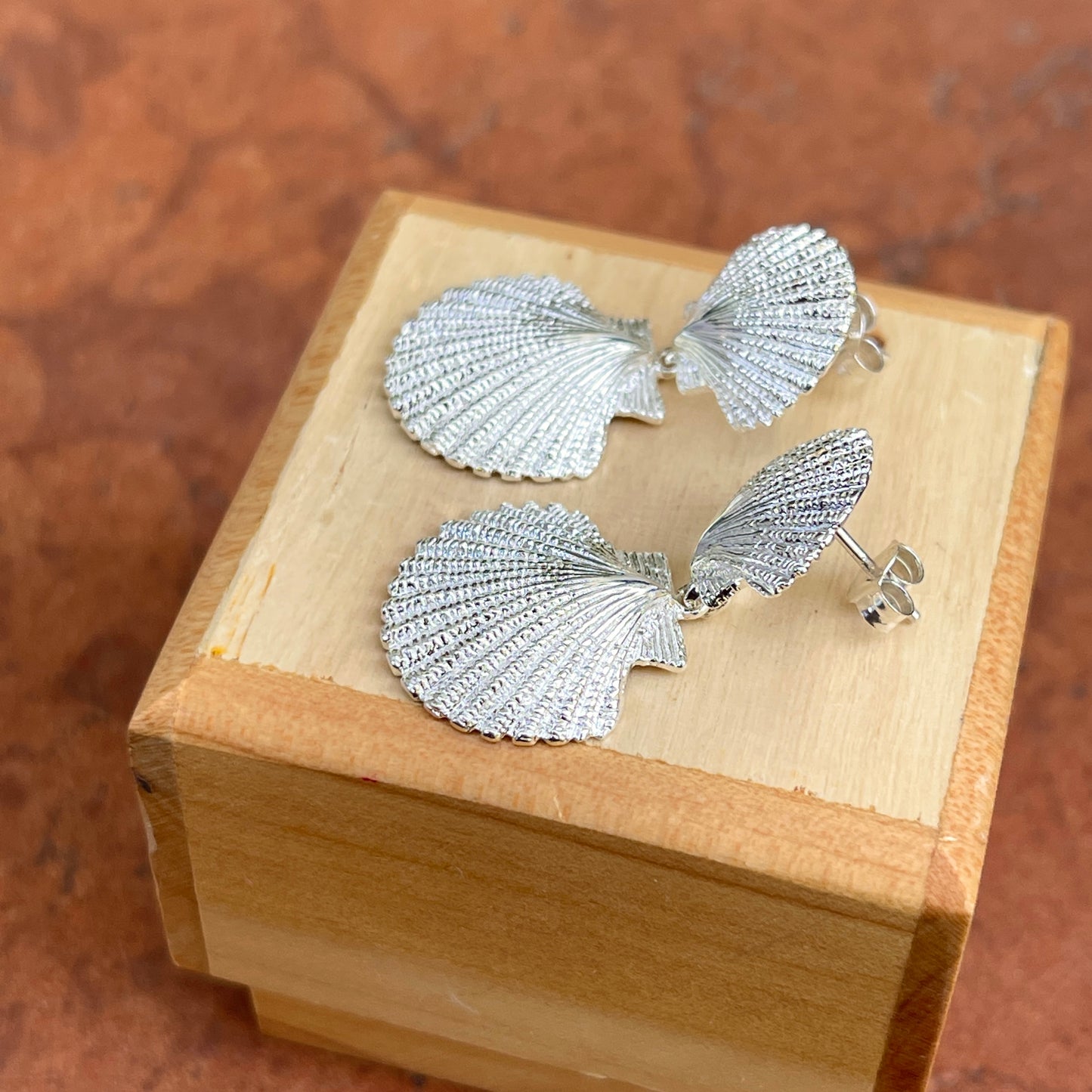 Sterling Silver Textured Double Sea Shell Drop Earrings