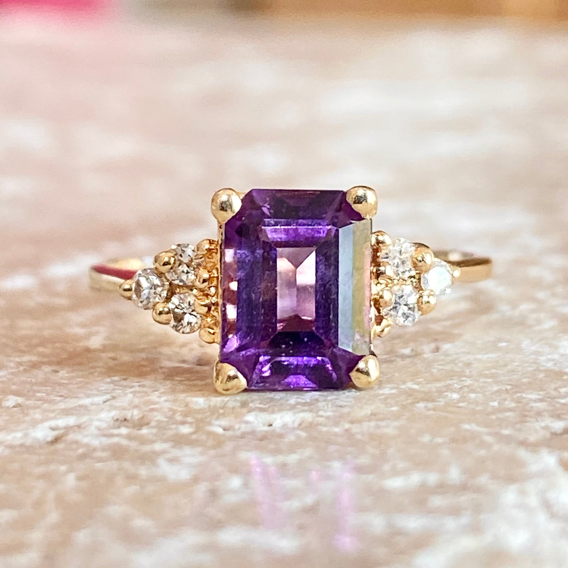 14KT Yellow Gold Emerald-Cut Purple Amethyst + Diamond Ring, 14KT Yellow Gold Emerald-Cut Purple Amethyst + Diamond Ring - Legacy Saint Jewelry