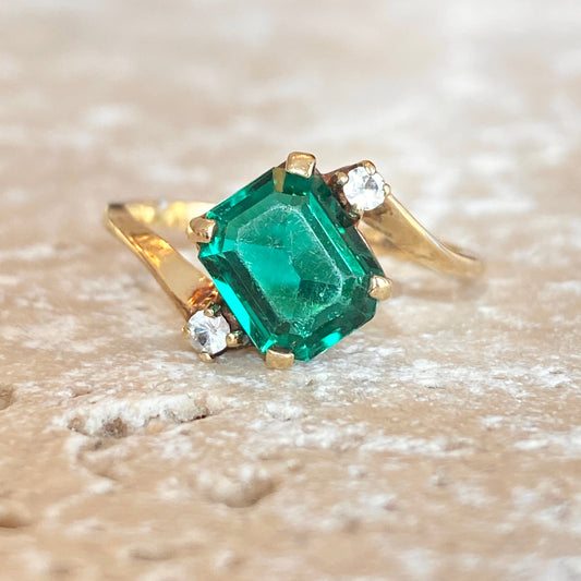 Estate 14KT Yellow Gold Emerald-Cut Lab Emerald + Diamond Abstract Ring, Estate 14KT Yellow Gold Emerald-Cut Lab Emerald + Diamond Abstract Ring - Legacy Saint Jewelry