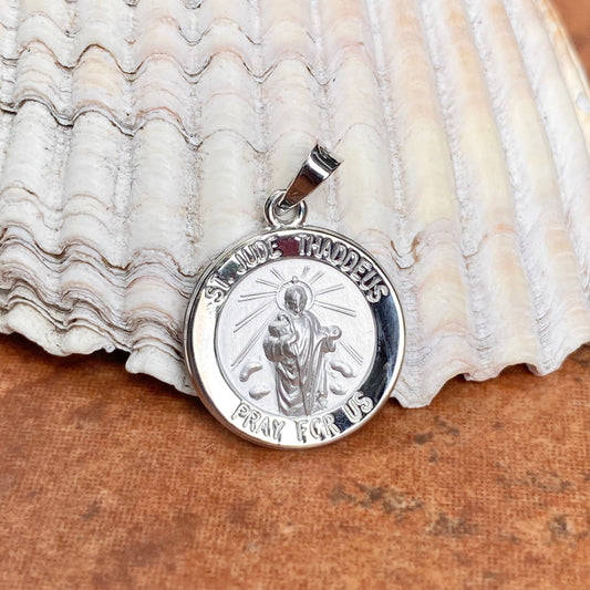 14KT White Gold Satin Saint Jude Round Medal Pendant 15mm