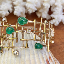 Load image into Gallery viewer, Estate 14KT Yellow Gold Mid Century Modern Brutalist Cabochon Pear Emerald + Diamond Wide Cuff Bracelet