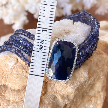14KT White Gold Blue Sapphire Diamond Halo Multi Strand Bead Bracelet