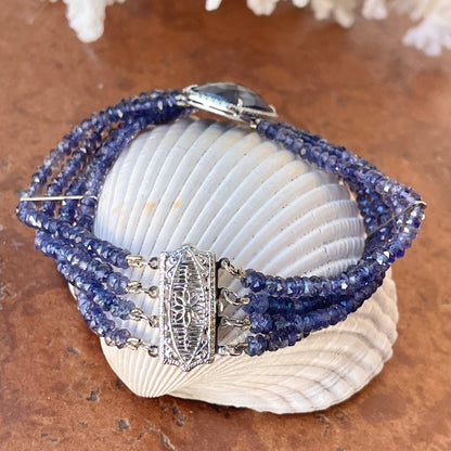 14KT White Gold Blue Sapphire Diamond Halo Multi Strand Bead Bracelet