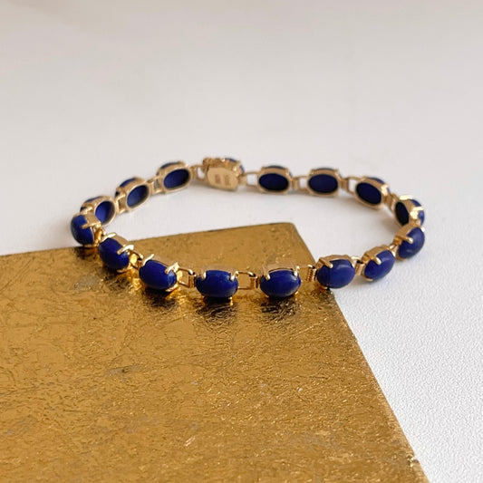 Estate 14KT Yellow Gold Oval Blue Lapis Links Bracelet