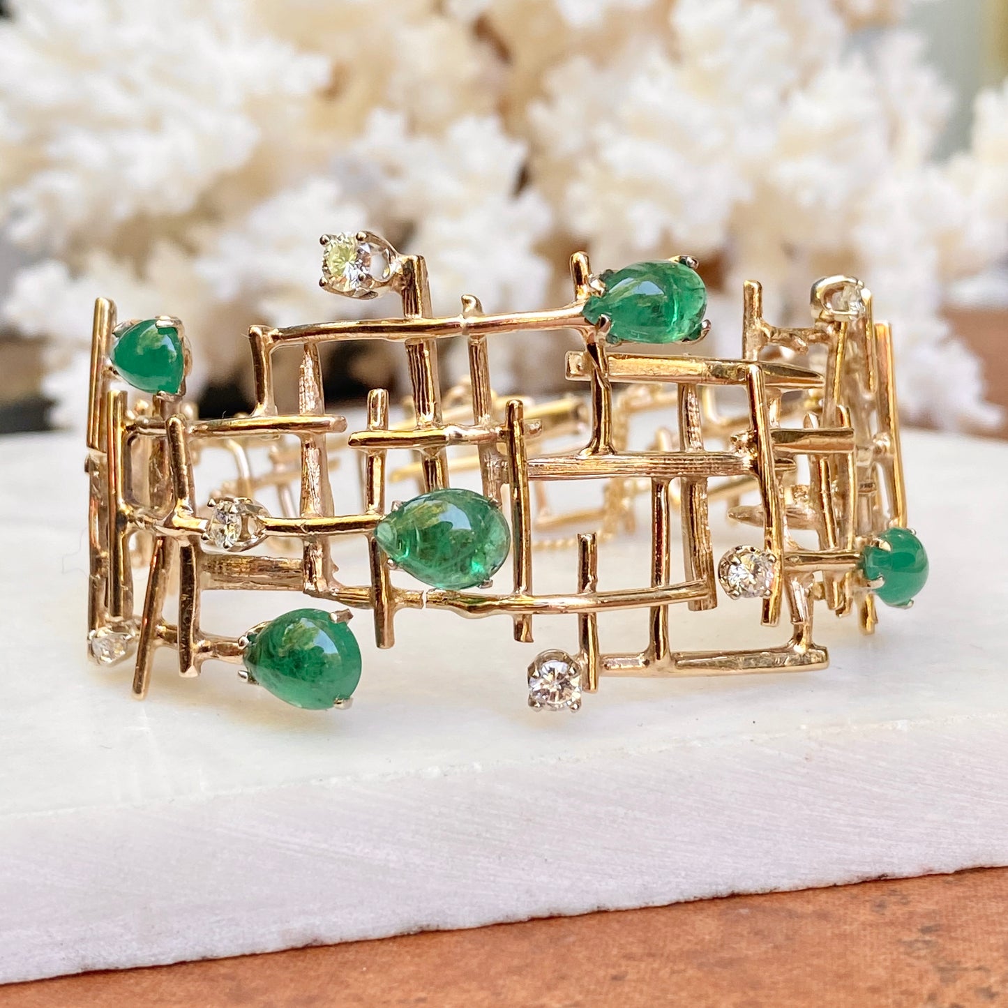 Estate 14KT Yellow Gold Mid Century Modern Brutalist Cabochon Pear Emerald + Diamond Wide Cuff Bracelet