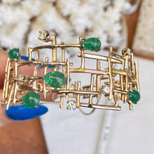 Load image into Gallery viewer, Estate 14KT Yellow Gold Mid Century Modern Brutalist Cabochon Pear Emerald + Diamond Wide Cuff Bracelet