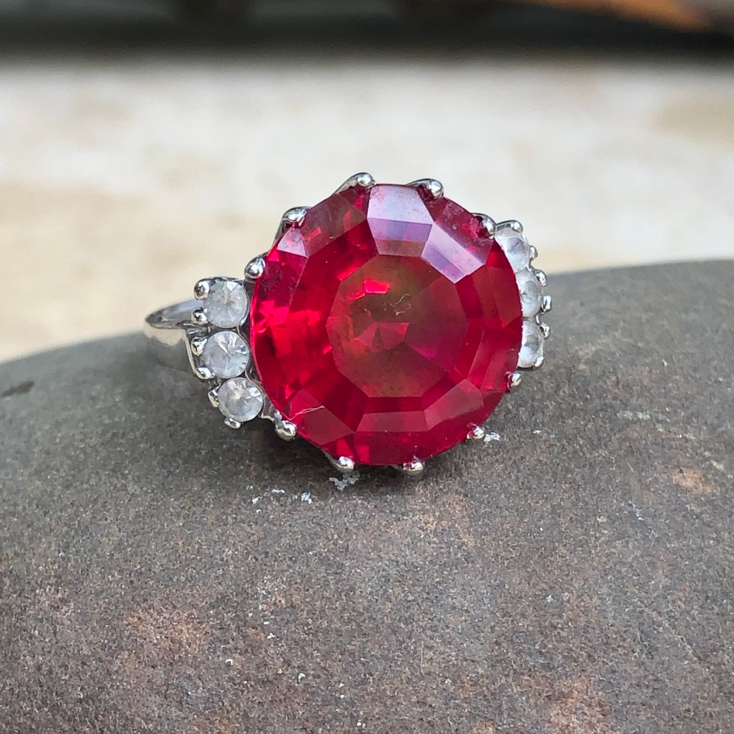 Estate 10KT White Gold Red Stone + CZ Ring Size 5.5, Estate 10KT White Gold Red Stone + CZ Ring Size 5.5 - Legacy Saint Jewelry