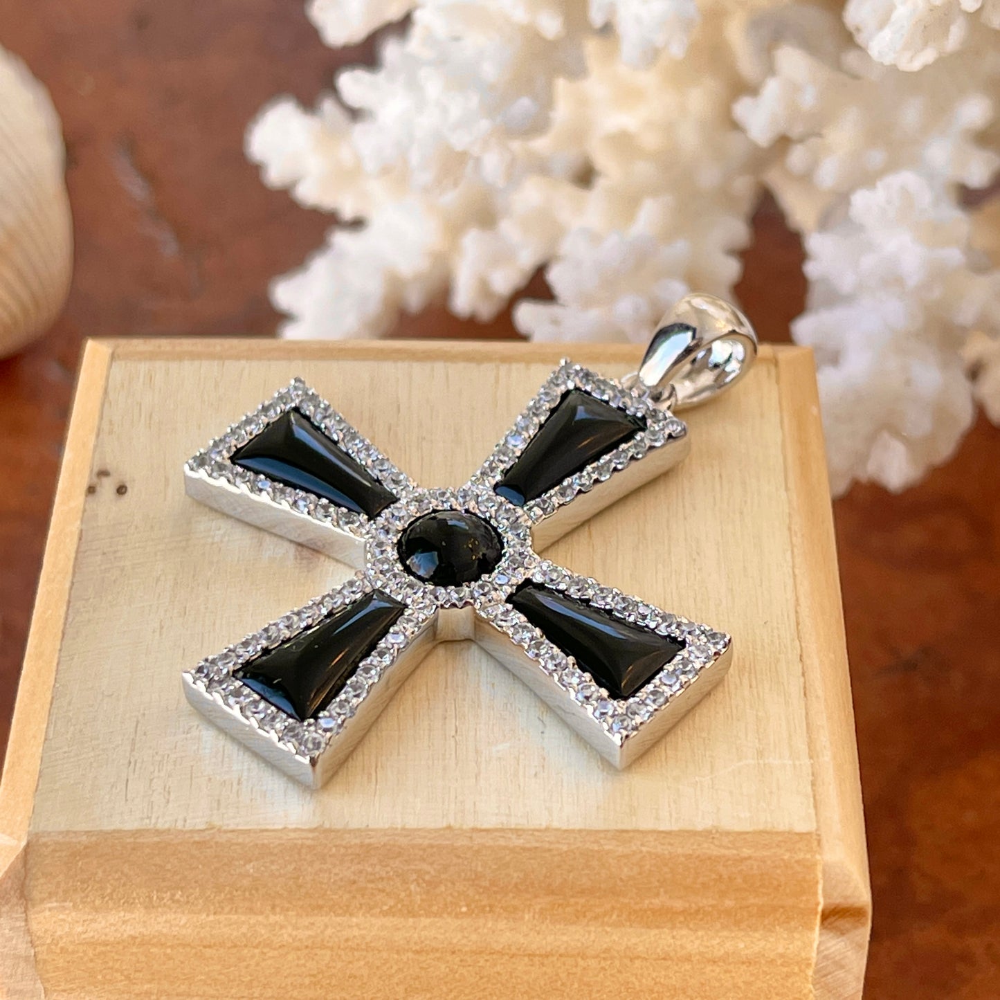 Sterling Silver Black Onyx + CZ Maltese Cross Pendant 42mm