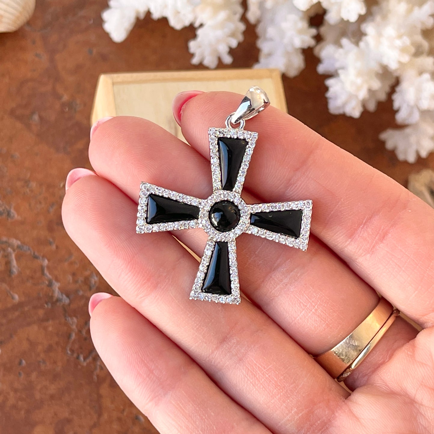 Sterling Silver Black Onyx + CZ Maltese Cross Pendant 42mm
